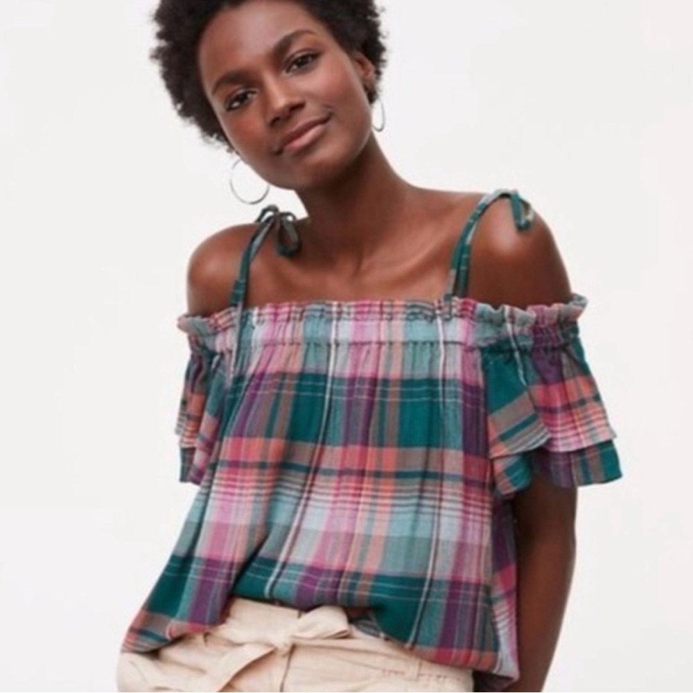 Ann Taylor LOFT Womens Petite M / short sleeved /off-shoulder blouse/ Plaid /NWT